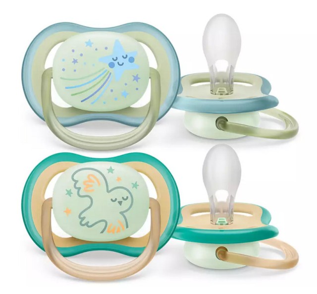 Philips Avent Πιπίλες Σιλικόνης UltraAir Nighttime για 0-6 μηνών Star/Bird Green/Mint 2τμχ SCF376/18