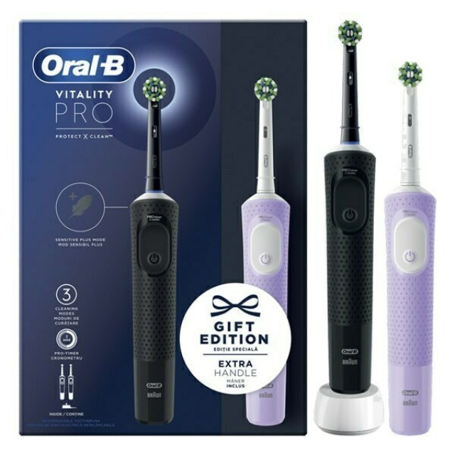 Oral-B Πακέτο Ηλεκτρικές Οδοντόβουρτσες Vitality Pro Duo Protect X Clean Black, 1τεμάχιο & Lilac Mist, 1 τεμάχιο