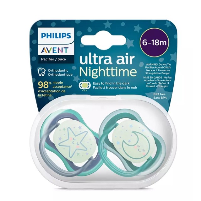 Avent Ultra Air NightTime Πιπίλα Νυκτός Ορθοδοντική Σιλικόνης 0-6m Αστέρι - Φεγγάρι 2 τεμ. (SCF376/13)