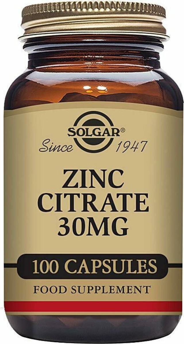 Solgar Zinc Citrate 30mg Συμπλήρωμα Κιτρικού Ψευδάργυρου, 100veg.caps