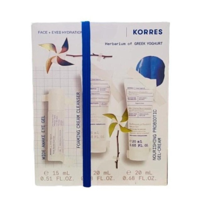 Korres Promo με Wide Awake Eye Ενυδατικό Gel Ματιών, 15ml & Foaming Cleanser Αφρώδης Κρέμα Καθαρισμού Προσώπου, 20ml & Nourishing Probiotic Ενυδατική Gel Κρέμα Προσώπου, 20ml, 1σετ