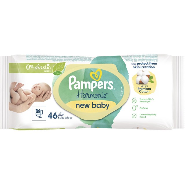 Pampers Harmonie New Baby Μωρομάντηλα Χωρίς Οινόπνευμα 46τεμ