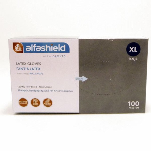 AlfaShield Γάντια Latex XL Ελαφρώς Πουδραρισμένα, Μη Αποστειρωμένα 100 Τεμάχια