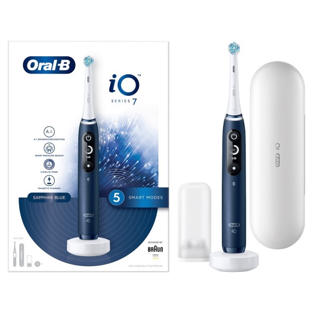 Oral-B IO Series 7 Ηλεκτρική Οδοντόβουρτσα με Χρονομετρητή, Αισθητήρα Πίεσης και Θήκη Ταξιδίου Sapphire Blue