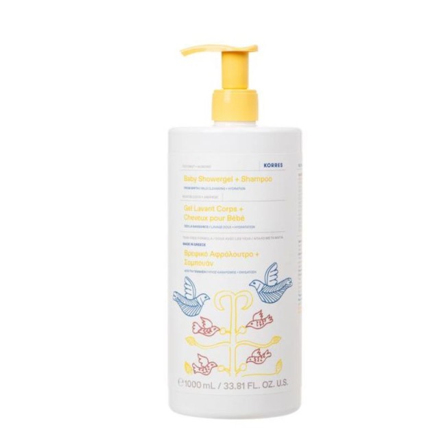 Korres Baby Showergel & Shampoo Βρεφικό Αφρόλουτρο + Σαμπουάν Kαρύδα + Αμύγδαλο 1000ml