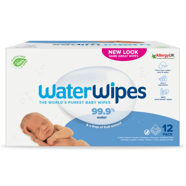 WaterWipes 100% Plastic-free Monthly Pack Άοσμα Μωρομάντηλα με 99,9% Νερό, 720τεμ (12x60τεμ)