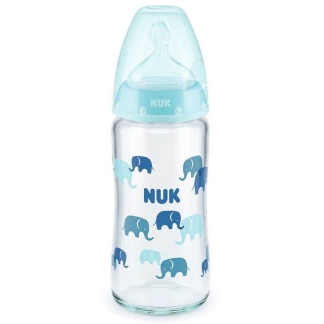 NUK First Choice+ Μπιμπερό Γυάλινο Θηλή Σιλικόνης 0-6m Μπλε Ελεφαντάκια 240ml