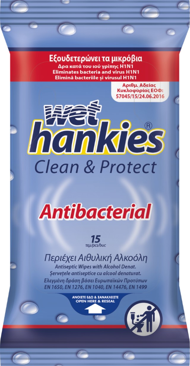 Wet Hankies Clean & Protect Antibacterial, Αντιβακτηριδιακά Μαντηλάκια με Αιθυλική Αλκοόλη, 15 τεμάχια