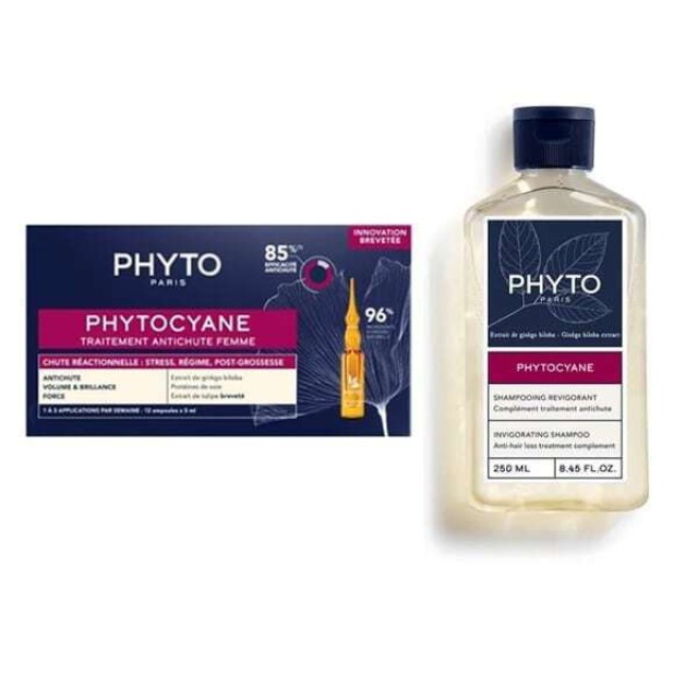 Phyto Phytocyane Promo Reactional Hair Loss Treatment for Women Αγωγή Αντιδραστικής Τριχόπτωσης για Γυναίκες, 12amps x 5ml & Δώρο Αναζωογονητικό Σαμπουάν, 100ml, 1σετ