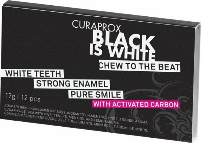 Curaprox Black is White Chew to the Beat Τσίχλα για Λεύκανση των Δοντιών με Ενεργό Άνθρακα & Γεύση Λεμόνι - Μέντα 12 Τεμάχια