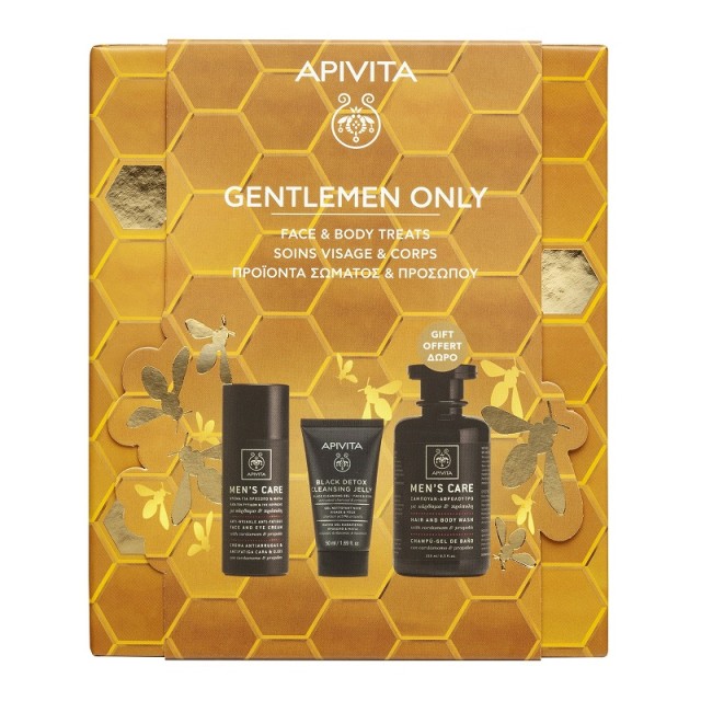 Apivita Promo Pack Gentlemen Only Mens Care Κρέμα Προσώπου και Ματιών 50ml, Μαύρο Gel Καθαρισμού για Πρόσωπο & Μάτια 50ml & Δώρο Σαμπουάν – Αφρόλουτρο 250ml