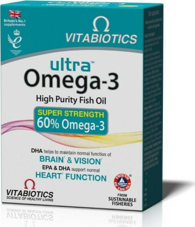 Vitabiotics Ultra Omega-3 Super Strength 60%      Ιχθυέλαιο υψηλής καθαρότητας     Πλούσια πηγή Ω-3 λιπαρών οξέων (EPA & DHA)     Μαζί με βιταμίνη Ε     Υγεία καρδιάς, εγκεφάλου, όρασης     Χωρίς ζάχαρη, γλουτένη, μαγιά, άμυλο     Χωρίς τεχνητές χρωστικές