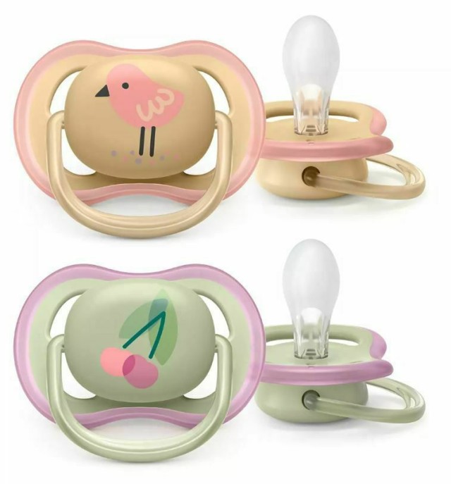 Philips Avent Ultra Air Animals (SCF085/01) Πιπίλα Σιλικόνης με Κρίκο για Μωρά 0-6 μηνών, 2τεμ - Πουλάκι-Κερασάκι