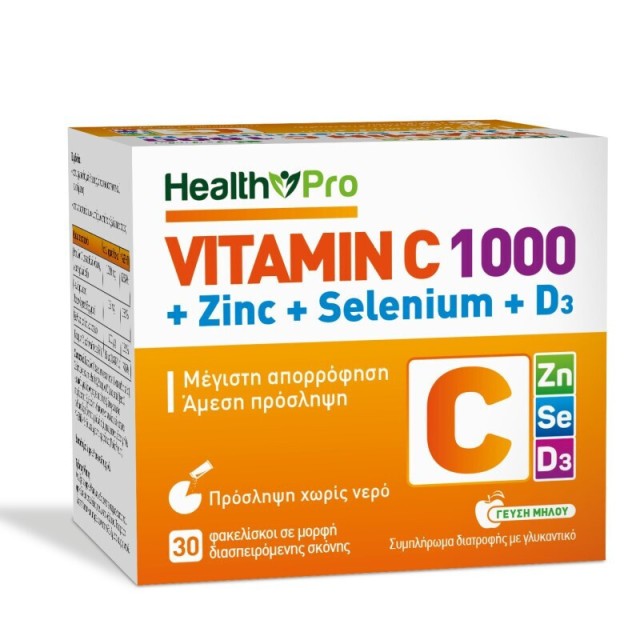 Health Pro Vitamin C 1000 + Zinc + Selenium + D3 Direct, Συμπλήρωμα Διατροφής Για Το Ανοσοποιητικό Με Γεύση Μήλου 30 Φακελίσκοι