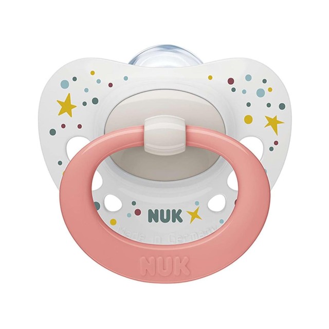 NUK Signature Πιπίλα Σιλικόνης 0-6m, Χρώμα Λευκό με Ροζ κρίκο 1 τεμάχιο