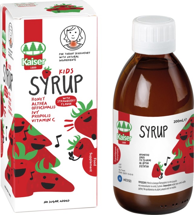 Kaiser Kids Syrup Παιδικό Φυτικό Σιρόπι για τον Πονόλαιμο - Γεύση Φράουλα, 200ml