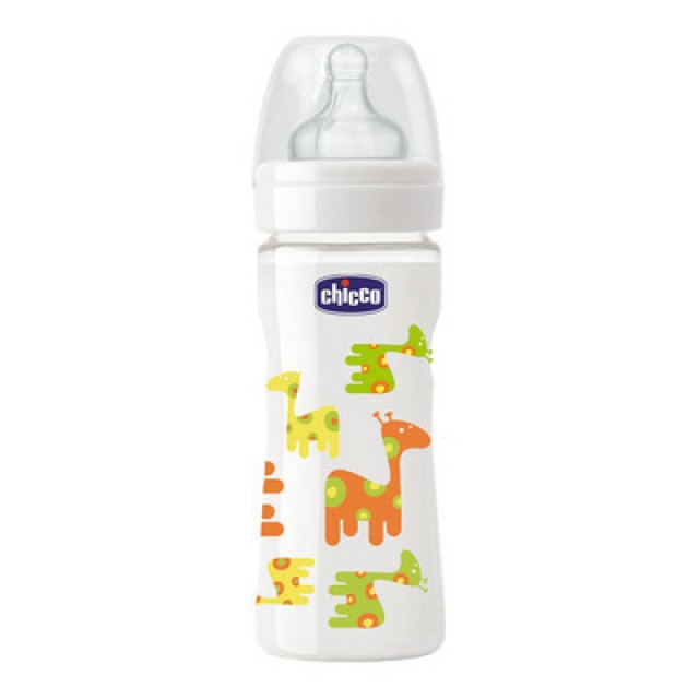 Chicco Mπιμπερό Nature Glass 240ml με Χαρούμενα Σχέδια, 0 ΒPA, Θηλή Σιλικόνη (Α50-60043-10)