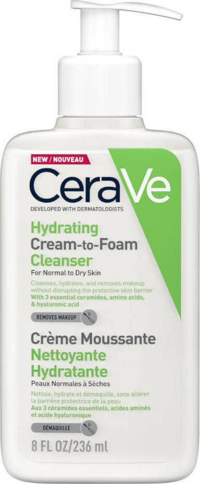 CeraVe Hydrating Cream to Foam Cleanser for Normal to Dry Skin Αφρώδης Κρέμα Καθαρισμού για Κανονικό, Ξηρό Δέρμα 236ml