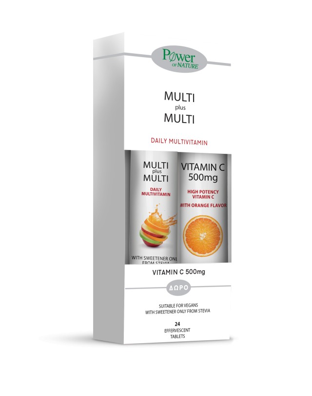 POWER HEALTH Multi + Multi Αναβράζουσα Πολυβιταμίνη με Στέβια 24 eff. tabs μαζί Vitamin C 500mg Αναβράζουσα Βιταμίνη C με Γεύση Πορτοκάλι, 20 eff. tabs 1+1 ΔΩΡΟ