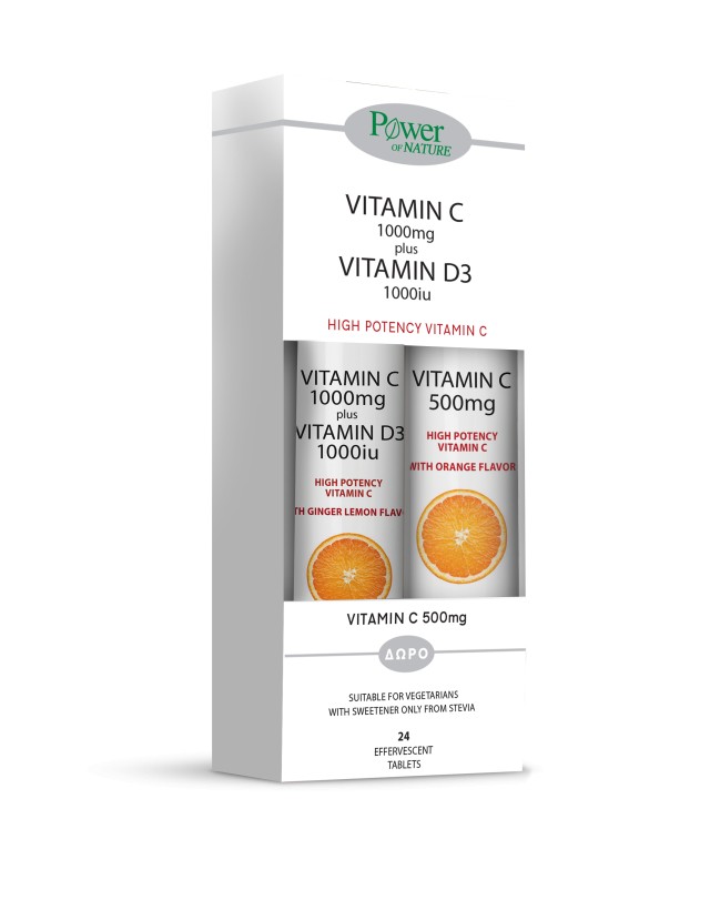 Power Health Vitamin C 1000mg + D3 1000iu με Στέβια 24eff.tabs & ΔΩΡΟ Vitamin C 500mg Πορτοκάλι 20eff.tabs