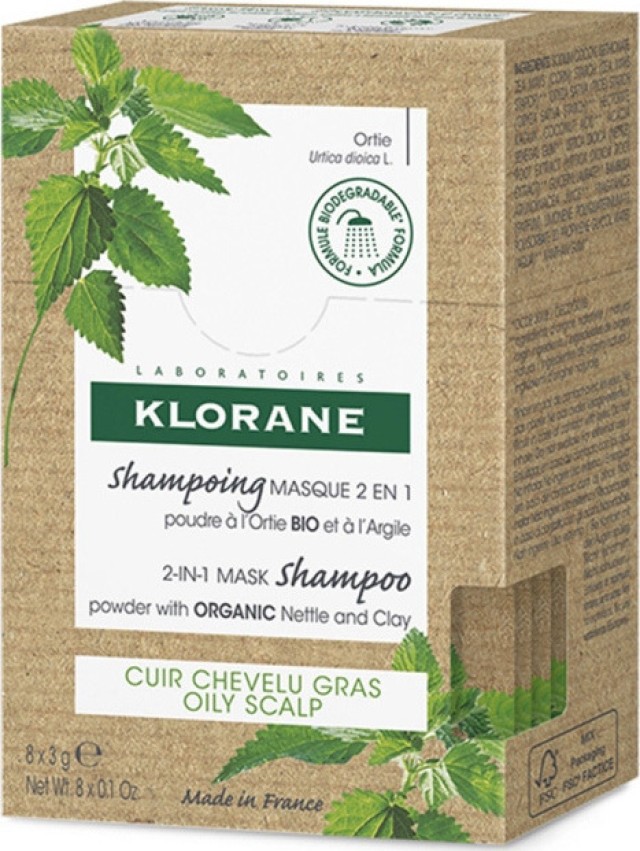 Klorane 2in1 Mask Shampoo Nettle (8x3gr) - Σαμπουάν Μάσκα με Βιολογική Τσουκνίδα και Άργιλο, Λιπαρά Μαλλιά