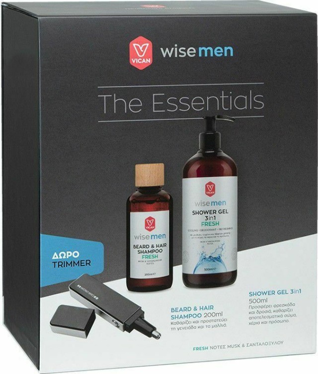 Vican Wise Men The Essentials Kit με Fresh Beard & Hair Shampoo Ανδρικό Σαμπουάν για Μαλλιά & Γενειάδα, 200ml & Shower Gel 3in1 Αφρόλουτρο, 500ml & Δώρο Trimmer, 1 σετ