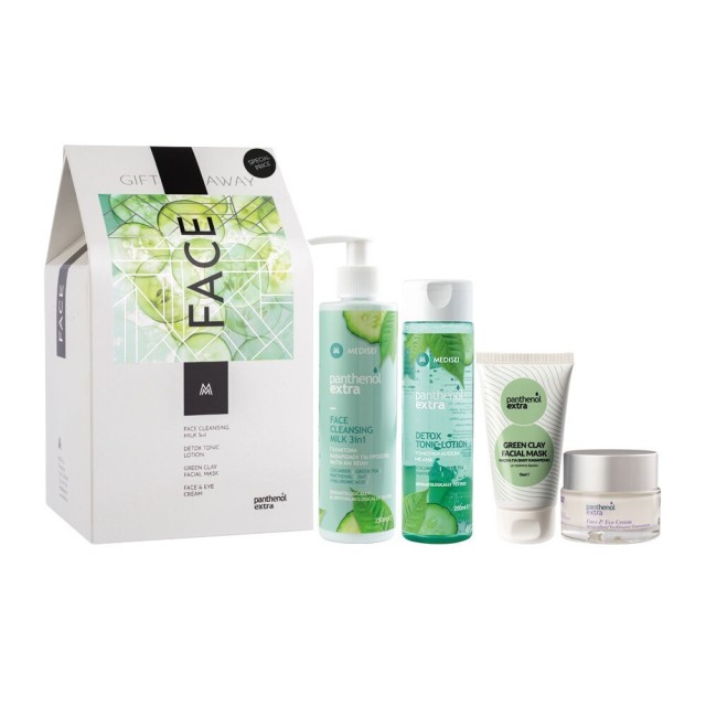 Panthenol Extra Promo Gift Away Face Woman Cleansing Milk 3 in 1 250ml, Detox Tonic Lotion 200ml, Face & Eye Cream 50ml & Green Clay Facial Mask 75ml