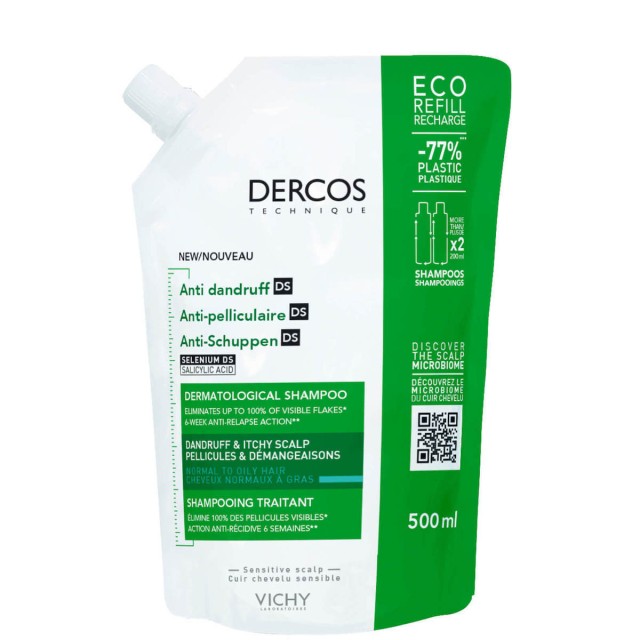 Vichy Dercos Anti-dandruff DS Refill Σαμπουάν κατά της Πιτυρίδας για Κανονικά & Λιπαρά μαλλιά Ανταλλακτική Συσκευασία 500ml