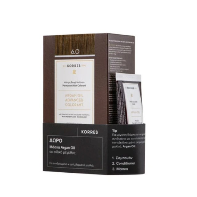 Korres Promo Argan Oil Advanced Colorant 6.0 Ξανθό Σκούρο Μόνιμη Βαφή Μαλλιών, 50ml & Δώρο Μάσκα Μαλλιών για Μετά τη Βαφή Argan Oil, 40ml, 1σετ