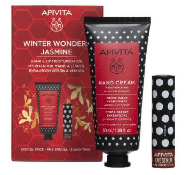 Apivita Promo Pack Winter Wonders Jasmine Κρέμα Χεριών Ενυδάτωσης 50ml & Lip Care Κάστανο 4.4gr