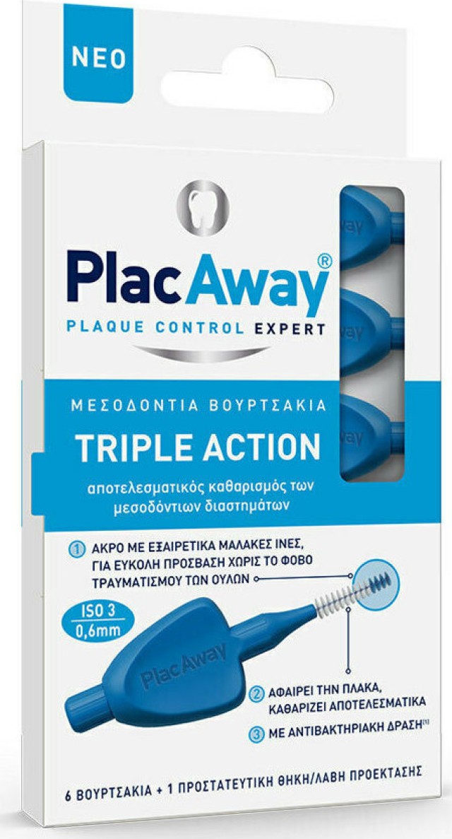 Plac Away Triple Action Μεσοδόντια Βουρτσάκια 0.6mm ISO 3, Μπλε, 6τεμ