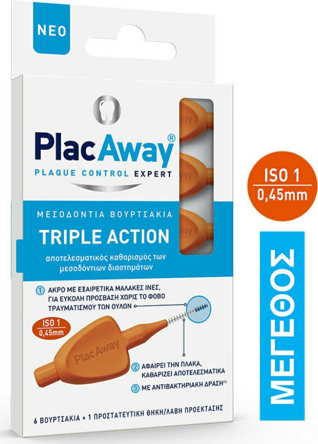 Plac Away Μεσοδόντια Βουρτσάκια Triple Action 0.45mm ISO 1, Πορτοκαλί, 6τεμ